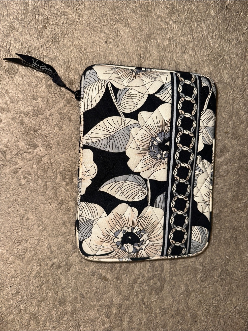 Vera Bradley Black and Cream Floral Zip Pouch with Chain-Print Accent